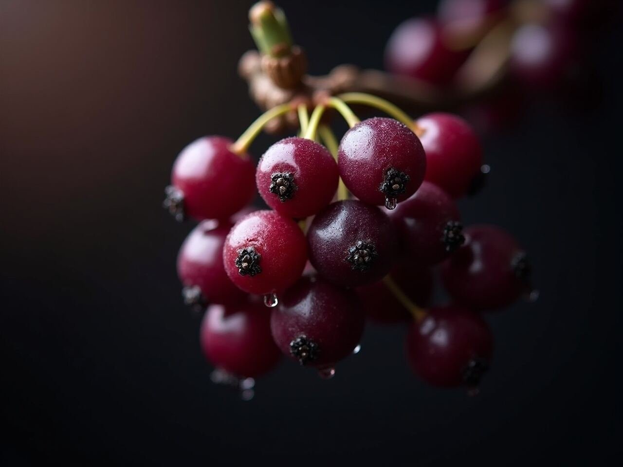 Macro de bagas de açaí selvagem com gotas de água, matéria-prima do vinho de açaí