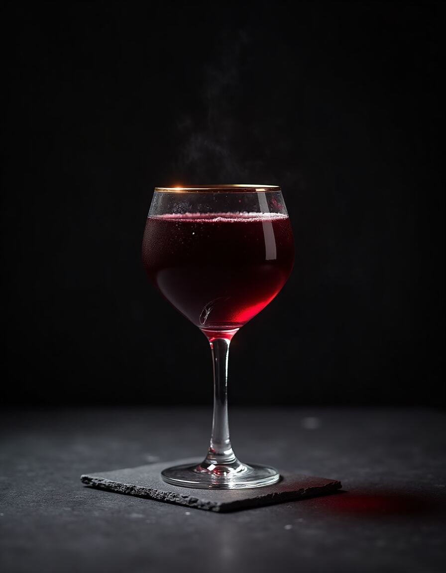 Taça servida de elixir de açaí, tinto seco de cor rubi profunda